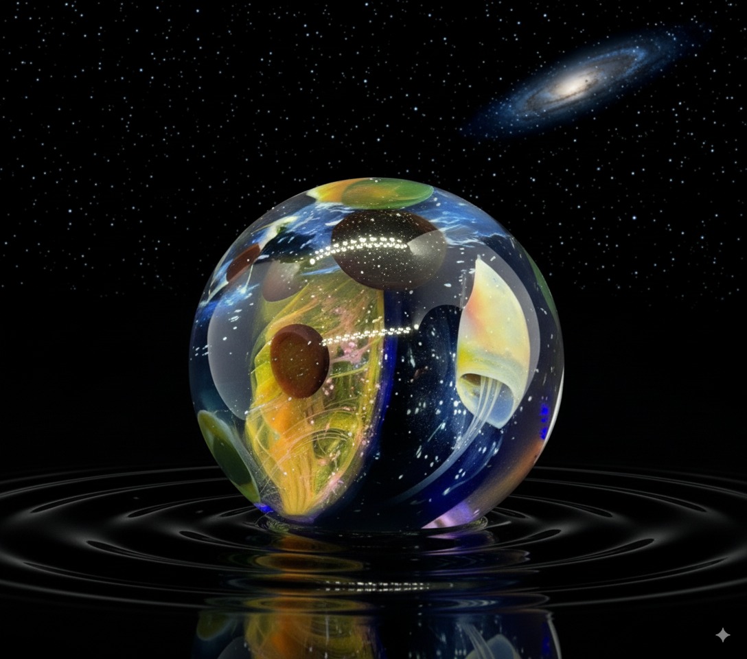 Space Jellyfish marble against a star-filled sky and spiral galaxy, reflected in dark rippling water