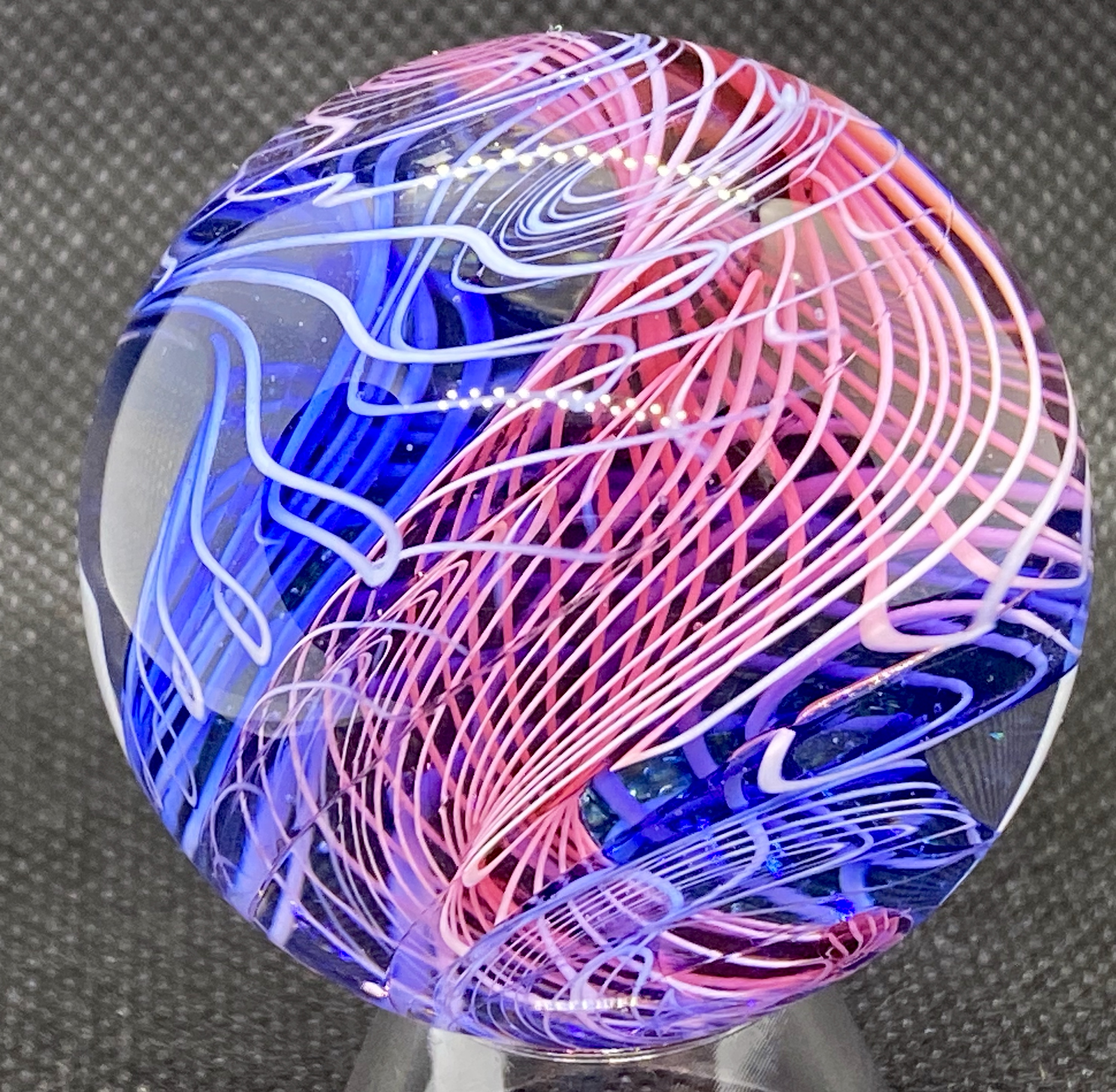 Pink & Blue Layered Lines Multi Ribbon: angled view of pink ribbon linework crossing blue layers