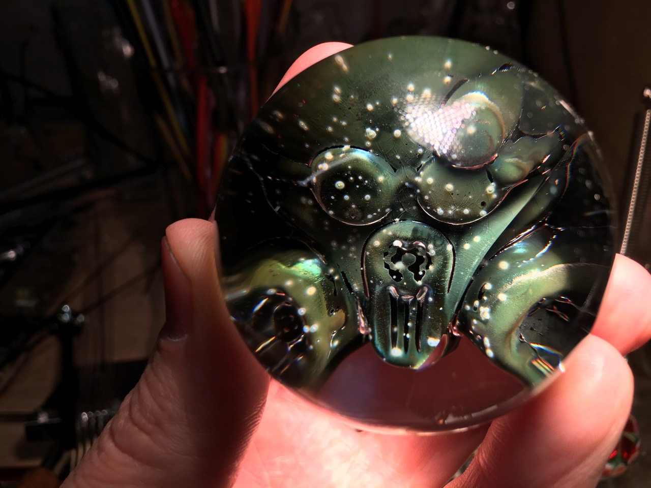 Gas Mask Marble — Radioactive Fallout: Full hand-held view of the Gas Mask Marble showing circular lenses, central respirator and twin filters