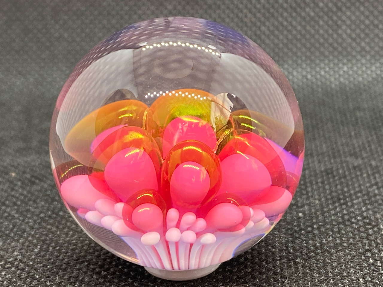 Pink & Amber Bloom Marble: Front view of the pink bloom and its white and pale pink stems
