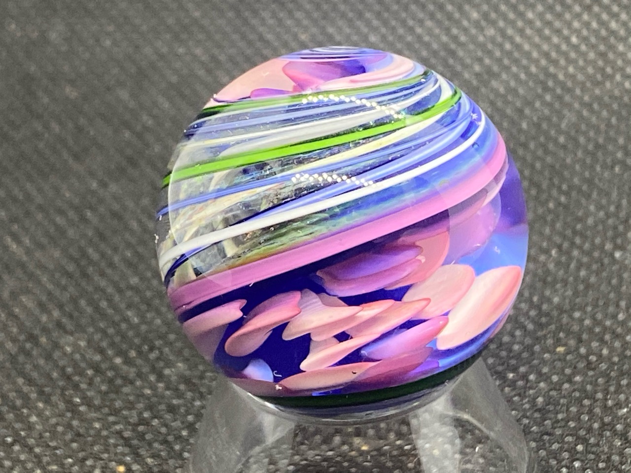 Pink Petal & Ribbon Marble: Full view of floating pink and lavender forms beneath white, periwinkle and green ribbons