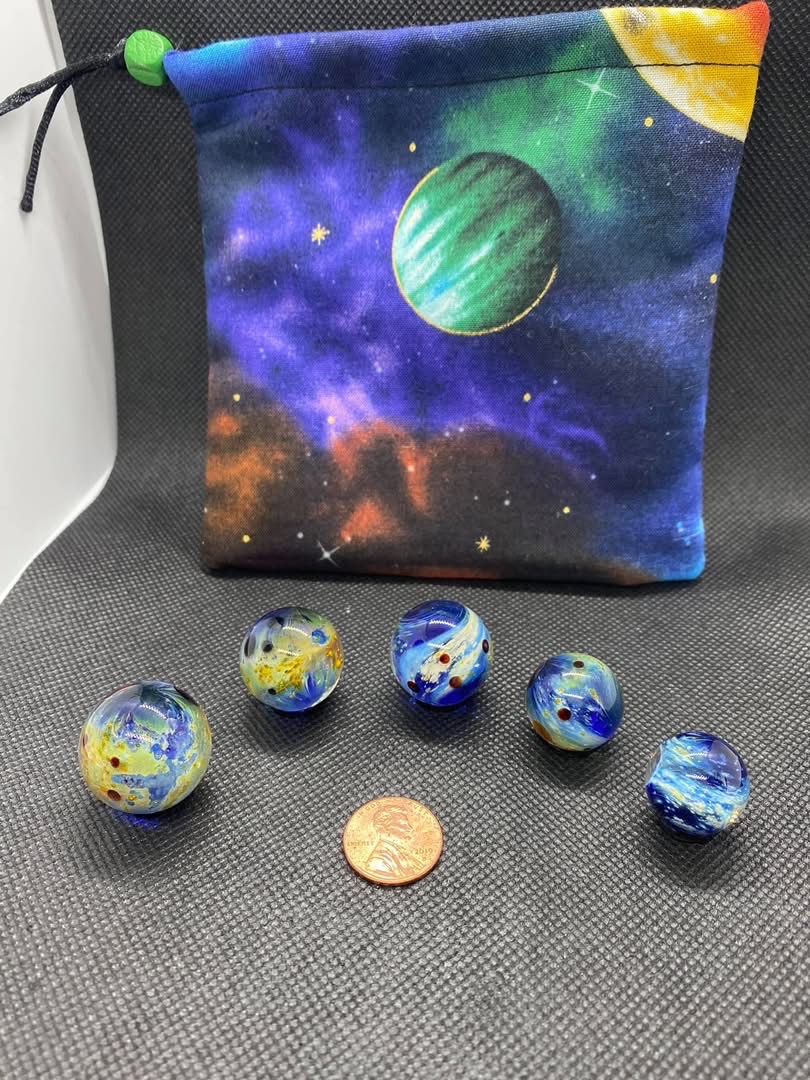 Planetary Space Pocket Marbles — Set #6: complete set of five pocket marbles beside a penny and space-patterned pouch