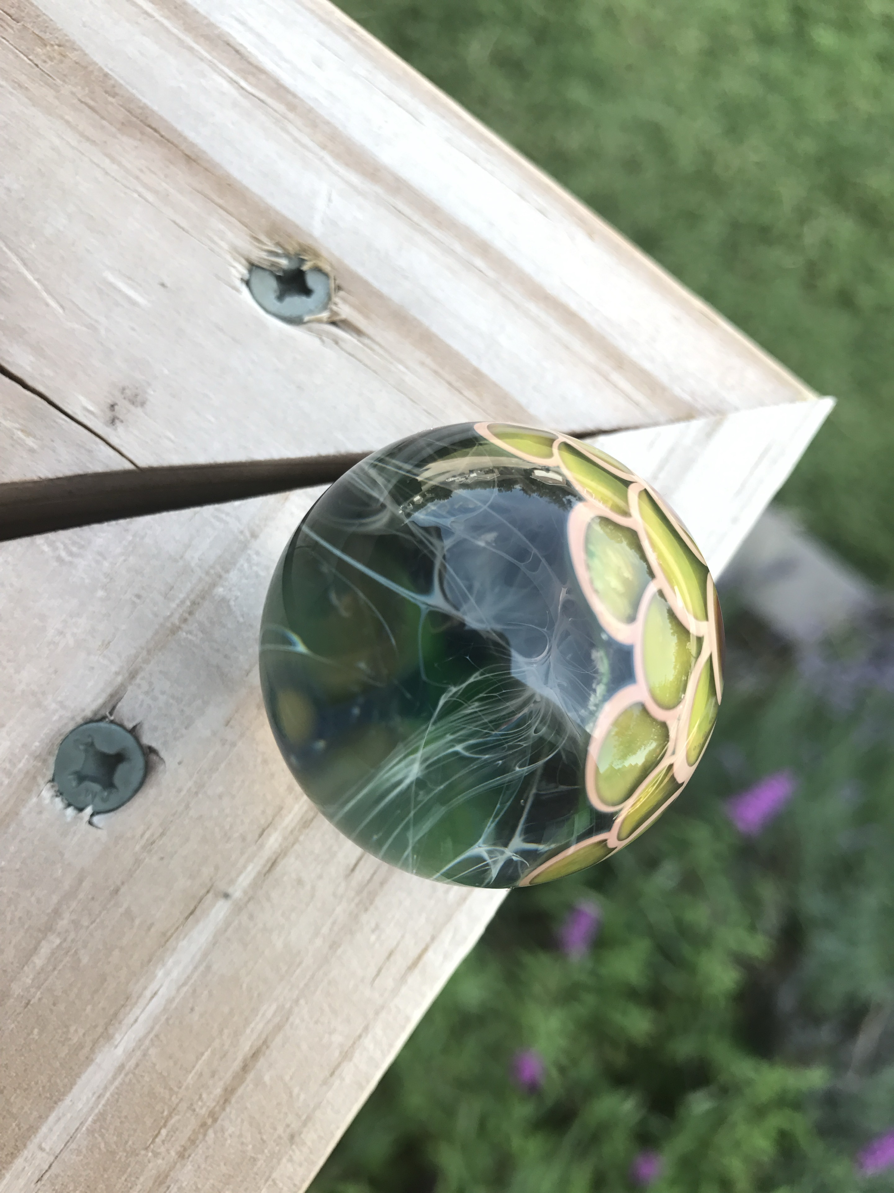 Silver Fume Chaos & UV Dragon Skin Marble: Angled front view of the silver-fume chaos with the dot-stack border visible along the edge