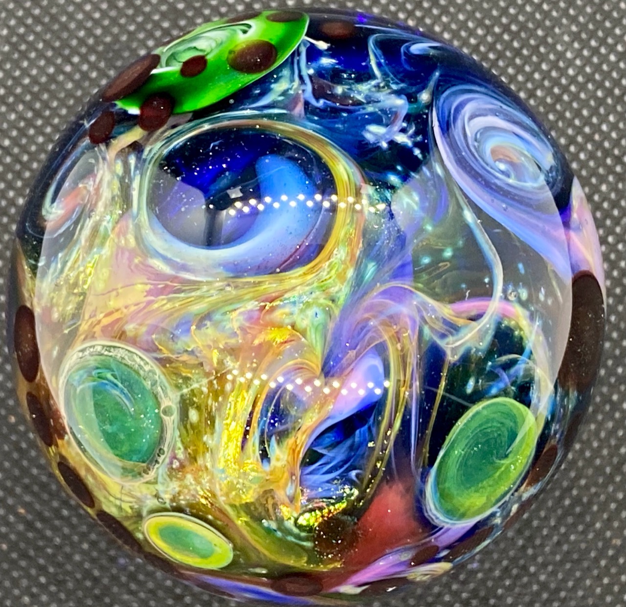 Starry Night: blue and lavender spirals with golden currents and green planetary forms