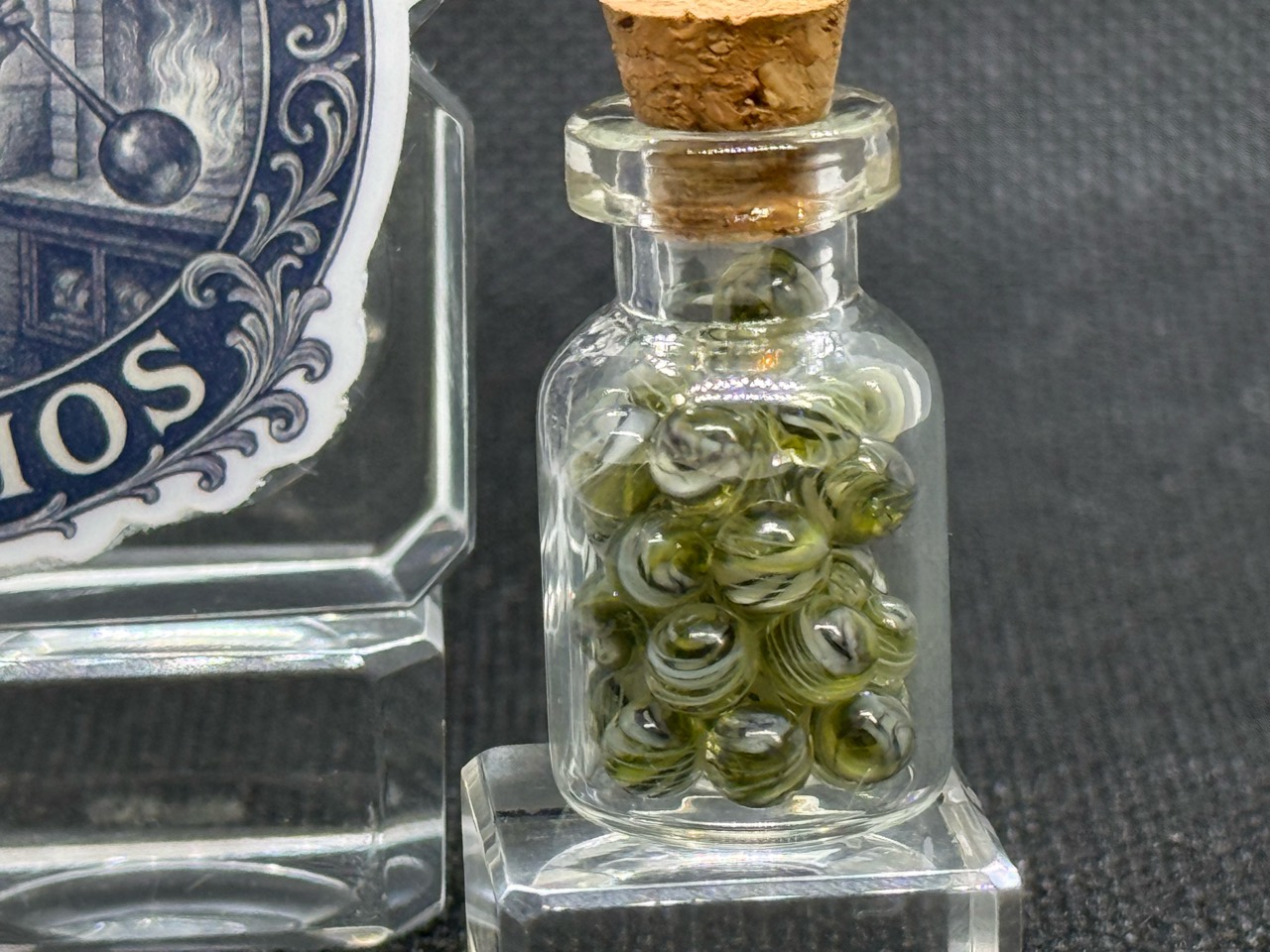 Close view of fine lines and swirls in the UV Champagne marble jar in ordinary light