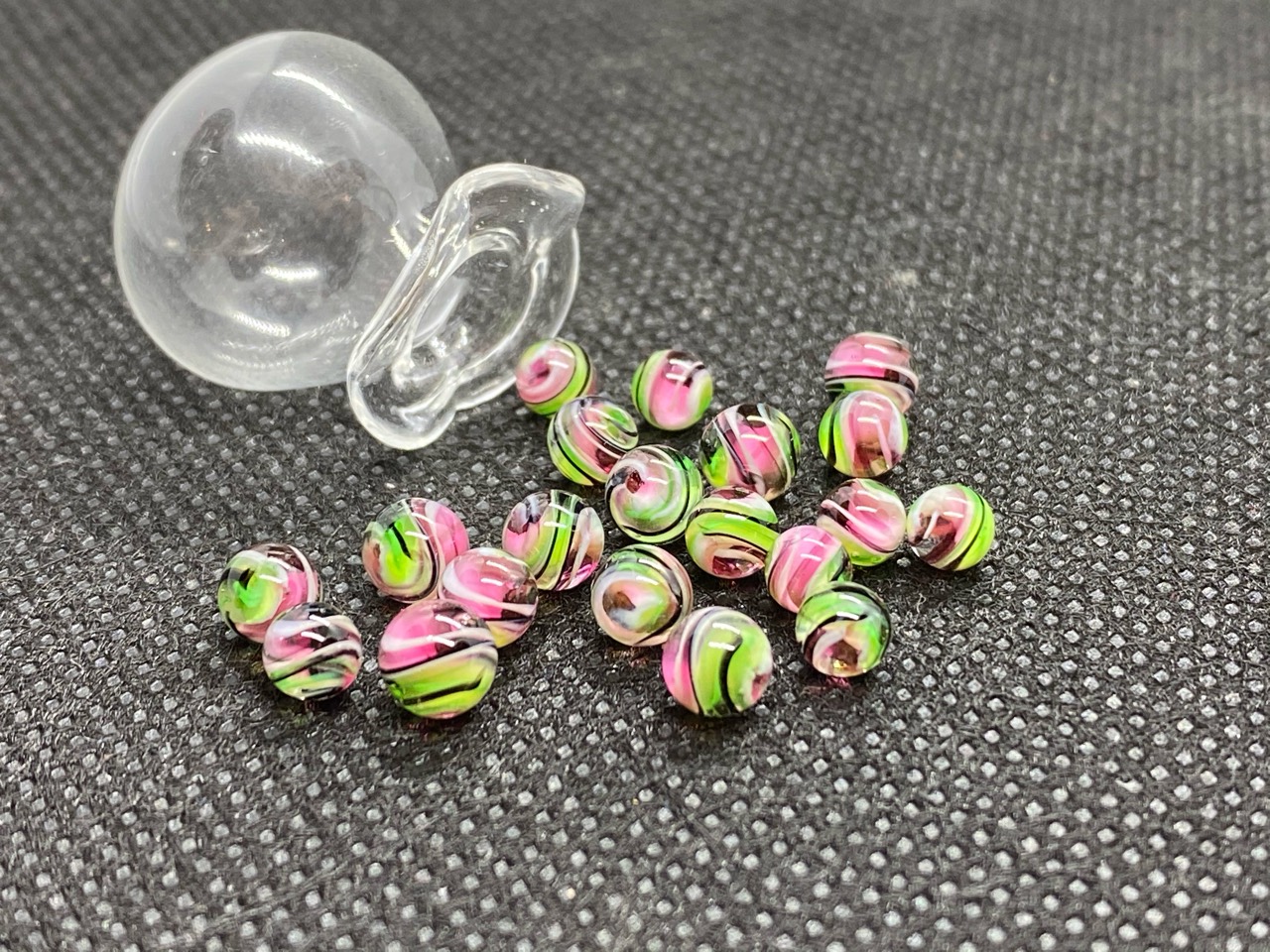 Watermelon Mini Micro Marbles — 2021: watermelon mini micro marbles beside their empty glass jar